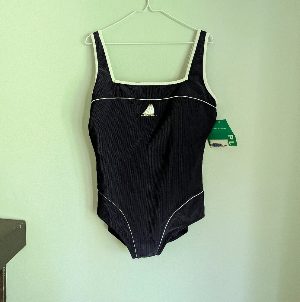 Vtg 90s Bathing Swim Suit One Piece Sailboat Embroidery Navy Size XL? Pinup 192
